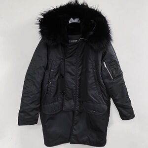 R13 Black Nylon Leather Fox Fur Oversized Puffer Bomber Jacket Coat M L XL Italy